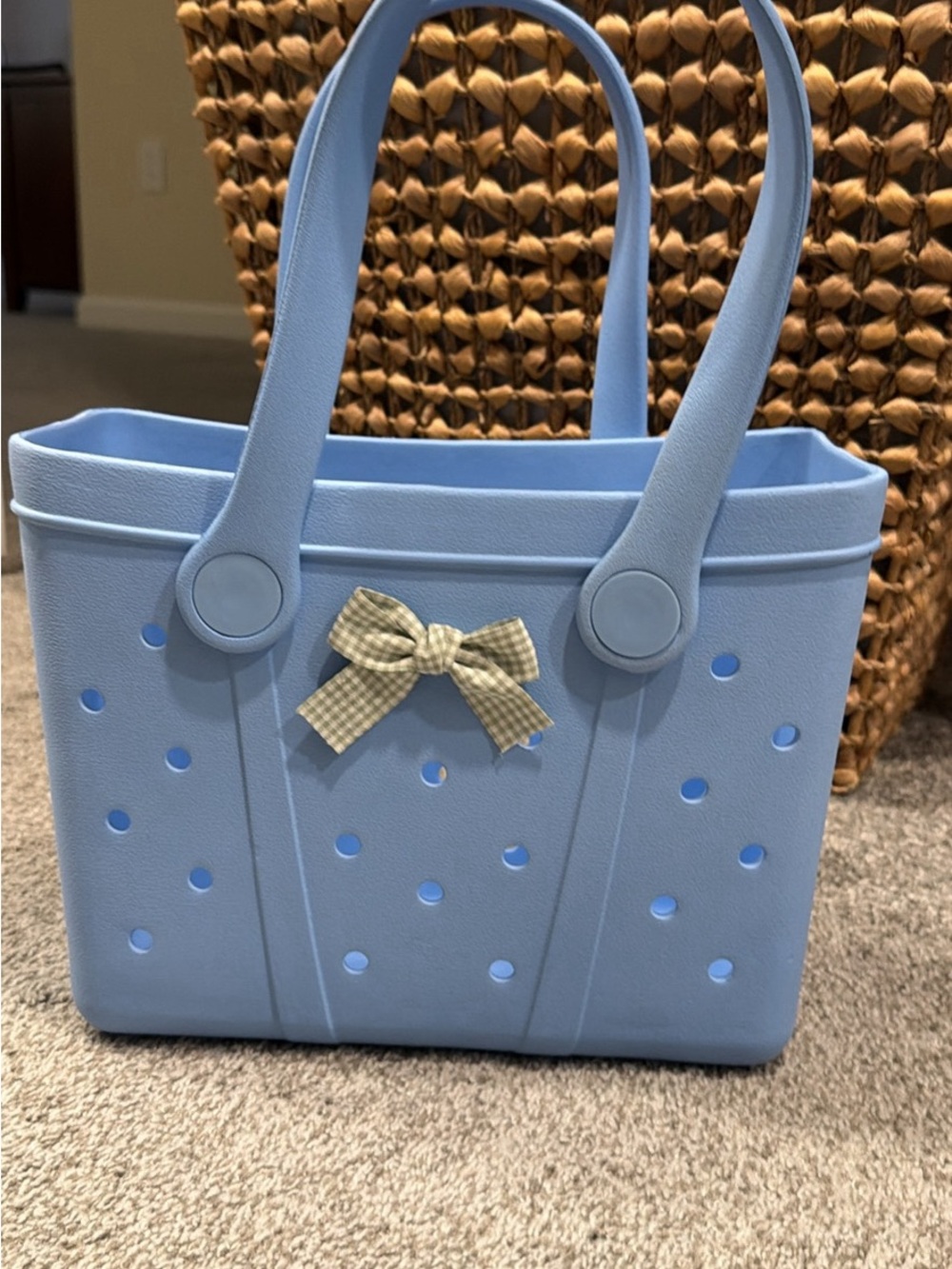 Light Blue Women's Tote Bag with Gingham Bow